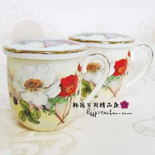 韩国进口Rose Bella贝拉玫瑰陶瓷带把盖杯 水杯马克杯茶杯