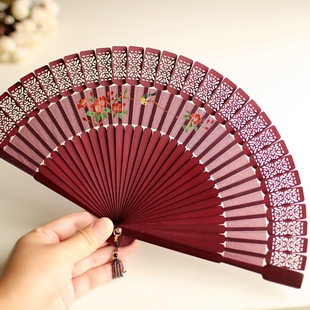 江户日式日本和风折扇子 迷你 高档全竹工艺扇 窗格雕刻 樱花小鸟