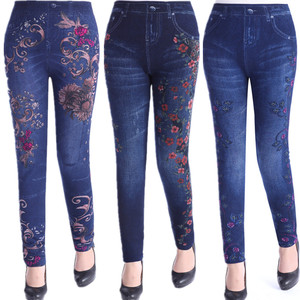 春秋高弹力中老年女装长裤紧身仿牛仔印花高腰大码小脚打底裤