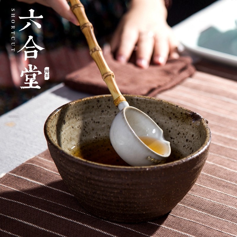 六合堂干泡碗分茶勺中式手工粗陶竹柄分茶器景德镇陶瓷舀水勺子