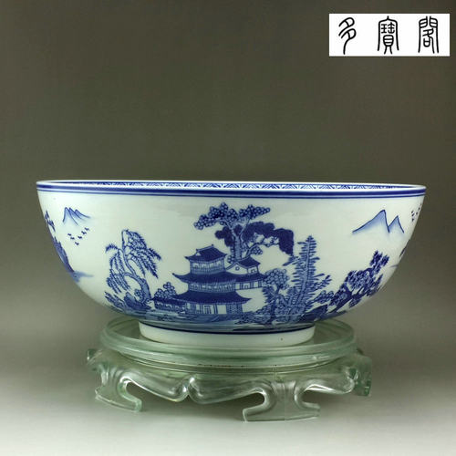 景德镇青花山水和面碗大碗外贸陶瓷器30cm口径瓷器特大号碗聚宝盆