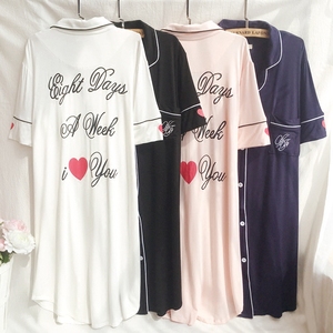 女士翻领开衫字母爱心莫代尔简约大码睡裙夏季舒适薄款家居服睡衣