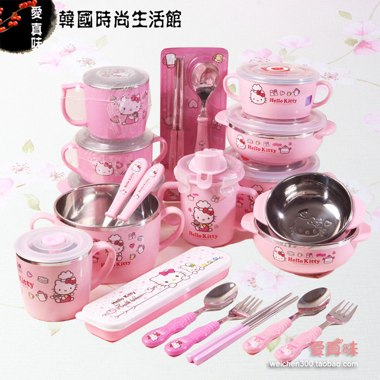 韩国进口正品乐扣kitty猫儿童宝宝餐具304不锈钢碗吸管杯子勺叉筷