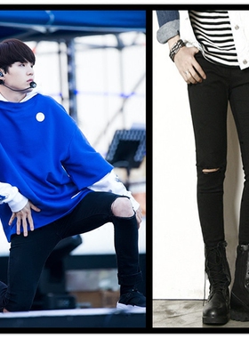 春夏防弹少年团闵玧其suga同款黑色膝盖破洞牛仔裤青少年男士修身