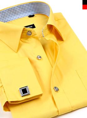 春季商务法式衬衫男长袖修身免烫格子领休闲黄色衬衣男寸衫袖扣款