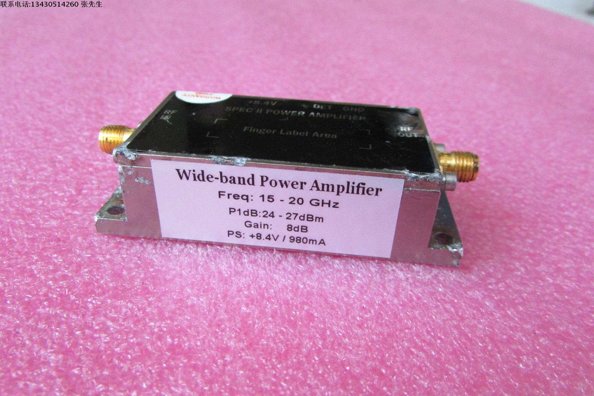 美国进口 15-20GHz 24-27dBm SMA 射频微波中功率放大器 质量包好，包能用 可提供详细测试图 工作频率：15-20GHz 增益: Typ 8dB  输出功率: 24-27dBm 工作电压：+8.4V  / 电流大约：980mA 左右 功能，1：检波输出; 2：输出内置隔