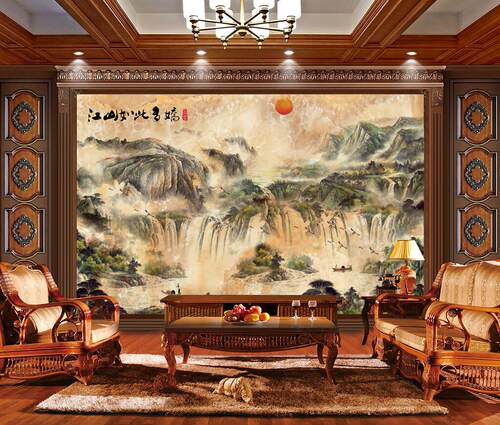 中式大理石江山如此多娇国画山水画办公室无缝壁画墙纸客厅影视墙