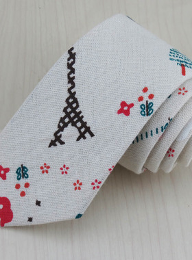 红色花朵和绿色小树木清新领带 休闲时尚韩版亚麻面料 帅气阳光型