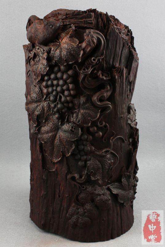艺中堂正品印度小叶紫檀木雕红木工艺品摆件笔筒丰衣足食文玩收藏