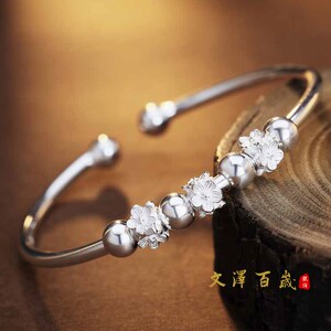 转运珠兰花开口S990银手镯圆珠头足银镯子银手环银女手镯2161