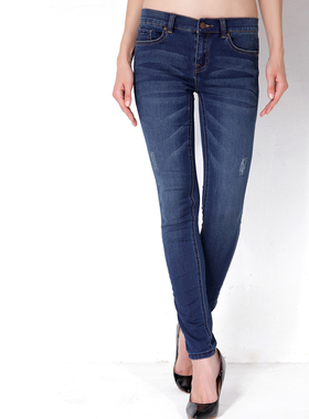 NORY&C/诺约克女式弹力修身深蓝色牛仔裤有大码女装胖MM长裤