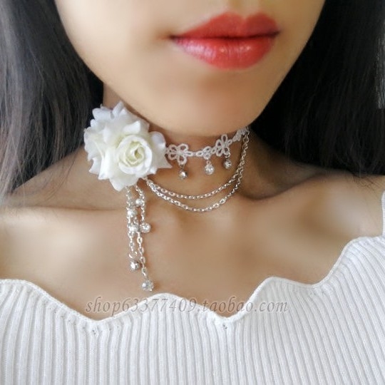 『艾露恩之泪』唯美新娘萝莉白玫瑰花水钻宴会女长款蕾丝项链颈饰