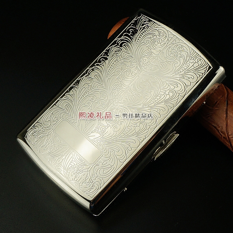 双枪烟盒超薄创意12支装不锈钢烟盒男女自动弹烟香菸盒子夹富贵花