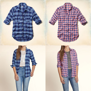 软AF/HCO 深粉格深蓝女衬衫 纯棉法兰绒长袖衬衫 格子衫百搭