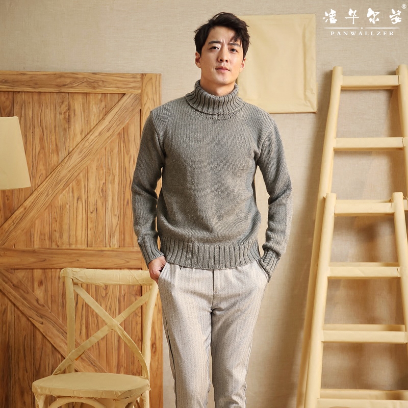 潘华尔姿手工编织毛衣时尚男装简约大气高领平针套衫高档定制新款