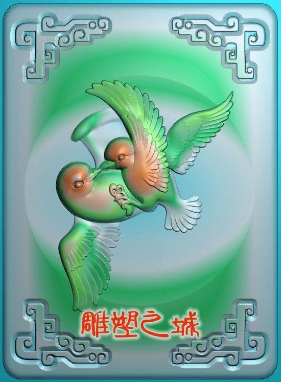 精雕图 灰度图 浮雕图 电脑雕刻图 方牌双鸟夫妻恩爱