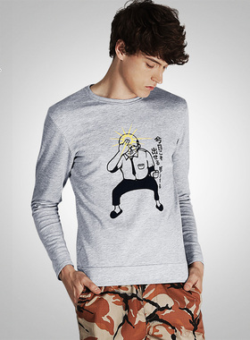 match麻吉男士t恤长袖春秋款潮圆领日系青年印花卡通图案体恤4075