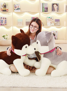 灰色哈士奇坐姿狗狗公仔儿童玩耍毛绒玩具布娃娃仿真小狼狗挂铃铛