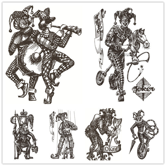 A2816矢量素描风格扑克牌小丑图案马戏团插画 AI设计素材