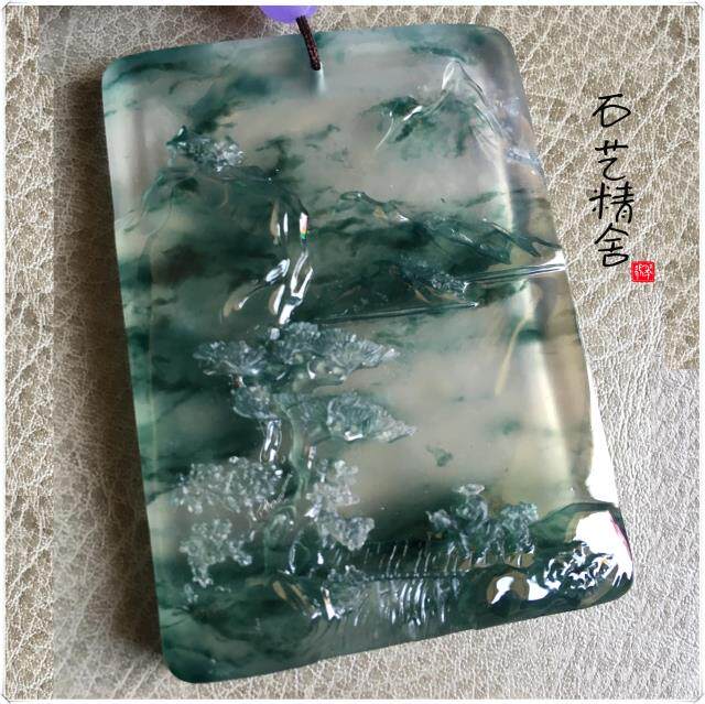 石藝精舍 天然翡翠a货 加龙翡翠作品水墨丹青 玻璃种飘花吊坠裸石