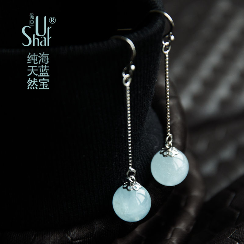 纯银耳饰品天然3a级海蓝长款水晶
