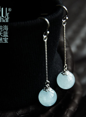 纯银耳饰品 天然3A级海蓝宝石长款耳环 半冰种纯情淡蓝色水晶复古
