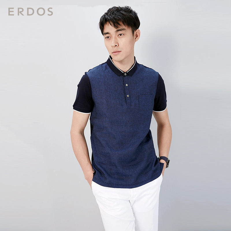 ERDOS 春夏时尚简约丝棉麻针梭拼接罗纹翻领男T恤POLO衫E175H1075