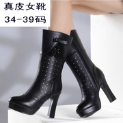 15 new spring and fall in single boots high heel leather boots waterproof side zip boot net boot cut Martin boots