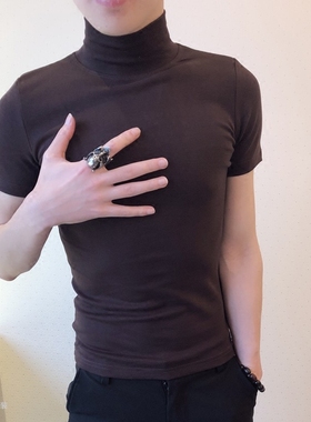 秋季新款韩版修身个性百搭高领纯色打底精神小伙紧身时尚短袖t恤