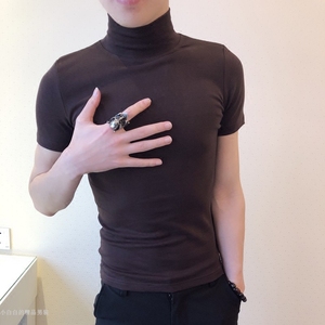 夏季新款韩版修身个性百搭高领纯色打底精神小伙紧身时尚短袖t恤
