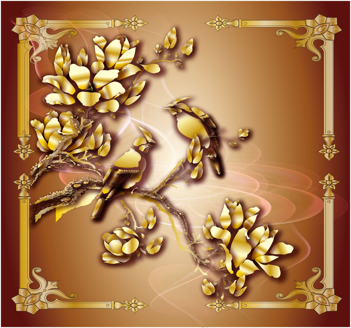 756海报印制展板写真喷绘736金色花花开富贵背景墙装饰画墙画)