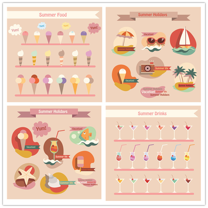 A2534矢量扁平化信图表海报夏季沙滩风光雪糕鸡尾酒 AI设计素材