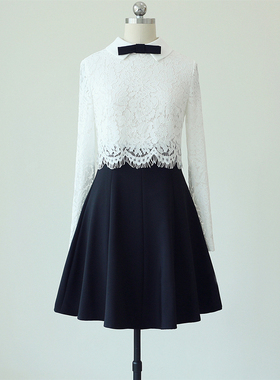 2019新款 超甜美翻领蝴蝶结睫毛蕾丝拼结长袖连衣裙 可定制