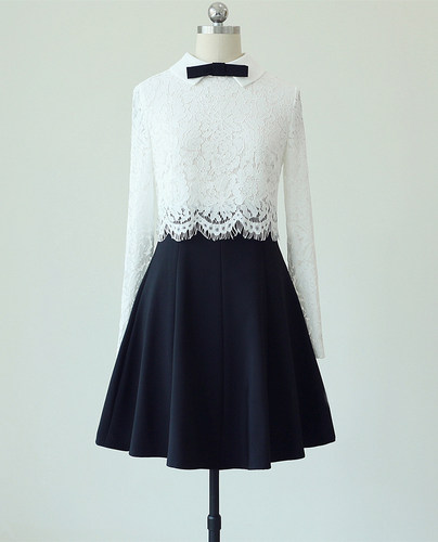 2019新款 超甜美翻领蝴蝶结睫毛蕾丝拼结长袖连衣裙 可定制