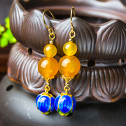 Thai women burn blue cloisonne earrings 925 Silver natural yellow agate earrings woman