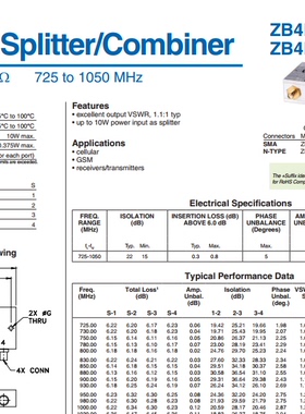 725-1050MHz 射频一分四功分器 代替 ZB4PD1-930W  Mini-Circuits