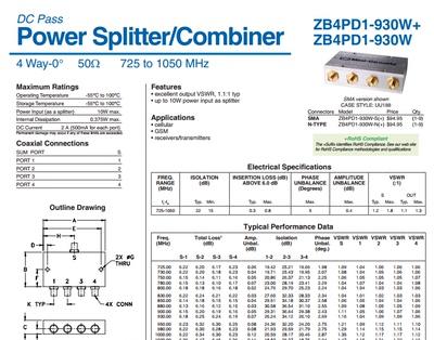 725-1050MHz 射频一分四功分器 代替 ZB4PD1-930W  Mini-Circuits