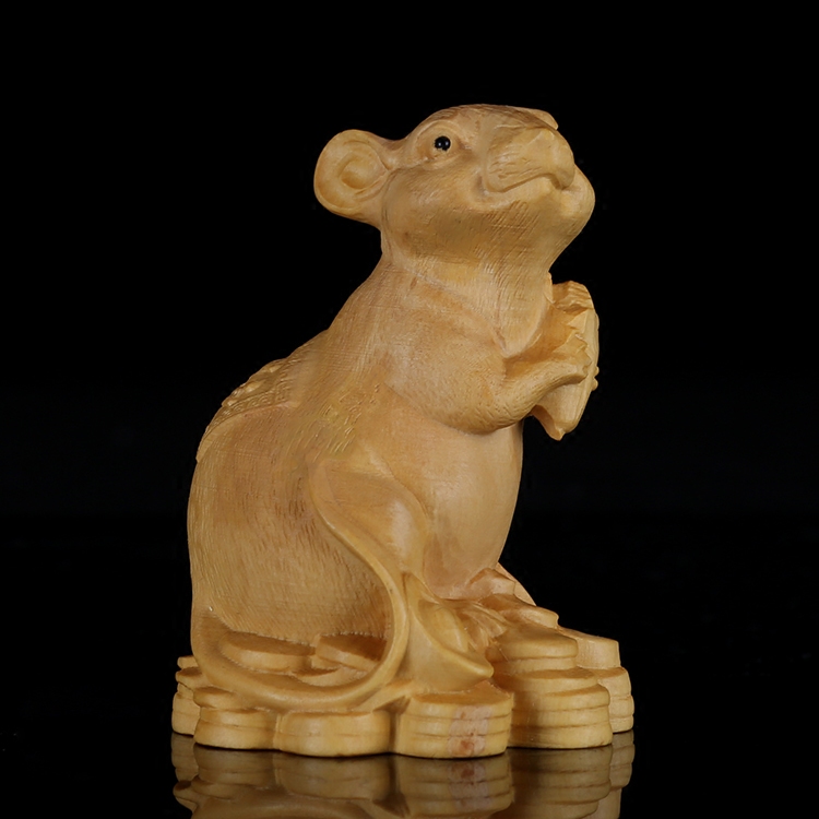 黄杨木雕十二生肖手把件鼠实木客厅小摆件雕刻工艺品实木汽车摆饰