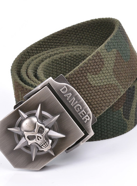 31号骷髅头鬼王合金压扣帆布腰带 男士平滑扣皮带 青年自动扣裤带