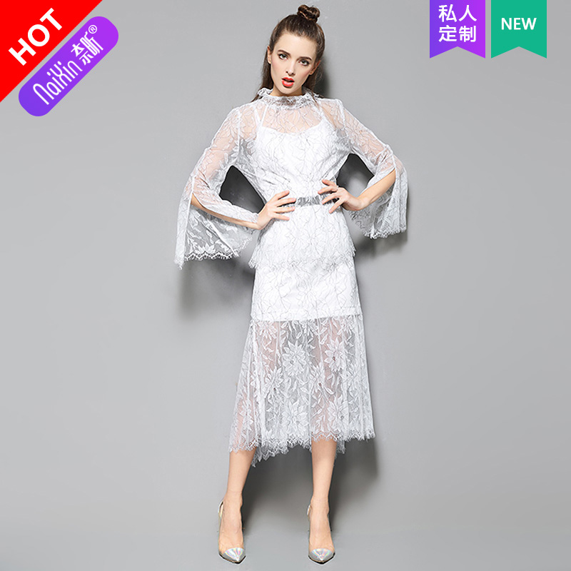 奈昕定制 32208 套装裙女装蕾丝雕花长袖防晒上衣修身夏季中长裙