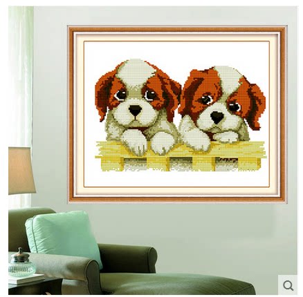 棉线绣十字绣简单小画小伙伴板凳狗两只小狗相亲相爱卡通动物儿童