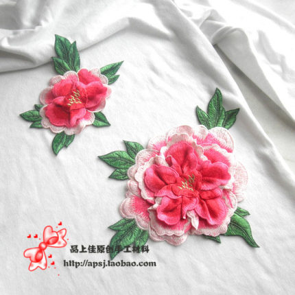 厂家高端立体牡丹花布贴精品刺绣花衣服补丁贴民族风修补贴玫红色