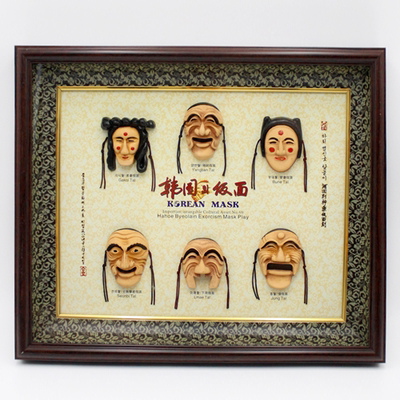 朝鲜族假面脸谱玻璃框挂饰韩式6人假面墙面装饰挂饰韩国假面