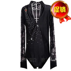 新款 男士拉丁舞服装 广场舞练功服 比赛服 V领网袖烫钻上衣