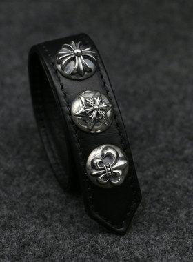 欧美风夜店十字架原创纯银皮手环