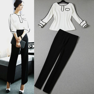 欧洲站OL气质长袖衬衫上衣长裤时尚名媛小香风休闲两件职业套装女