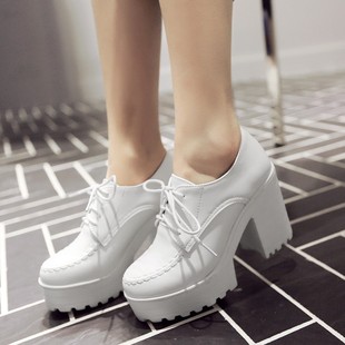 韩版单鞋女鞋春秋冬季高跟粗跟系带英伦复古小皮鞋圆头厚底白色