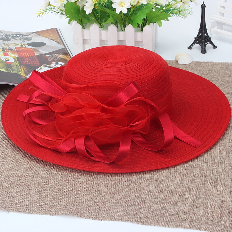时尚英伦欧根纱太阳帽夏季女士旅游沙滩遮阳宽檐蝴蝶结花朵夏凉帽