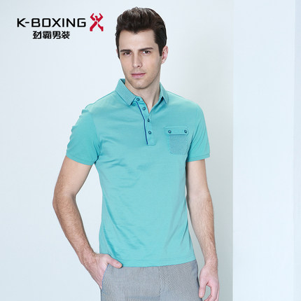劲霸夏季纯棉短袖T恤男 商务休闲纯色男装 修身拼接翻领男士上衣