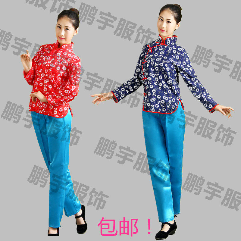 村姑碎花演出服装阿庆嫂黄梅戏女款农民李铁梅喜儿舞台舞蹈表演服